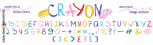 Funny colorful kids font with hand drawn crayon texture. English letters, numbers and punctuation marks handwritten by color chalk or pencil Cute multicolored alphabet vector illustration for children