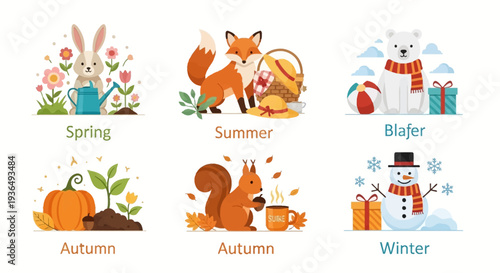 Illustrated seasons spring summer autumn and winter featuring animals and nature
