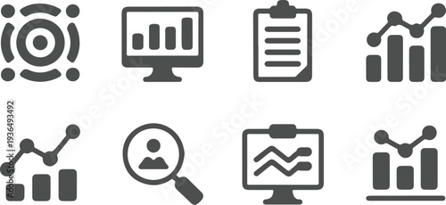 Business data analysis and analytics solid black icons set, modern financial report symbols with various charts graphs statistics and target with dots on transparent background
