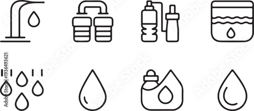 Industrial plumbing and household water filtration icons featuring taps filters bottles and rain drops for plumbing services hardware stores and clean drinking water solution marketing