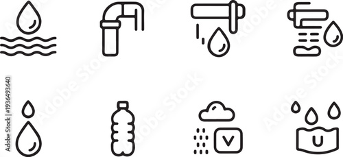 Set water line icons. droplet vector illustration, shower outline collection, water filter linear pictogram, aqua flow flat icon concept