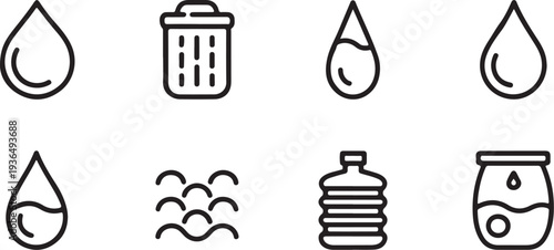 Water conservation outline icon set featuring droplets containers waves and recycling themes designed for environmental protection awareness sustainability projects and ecological branding