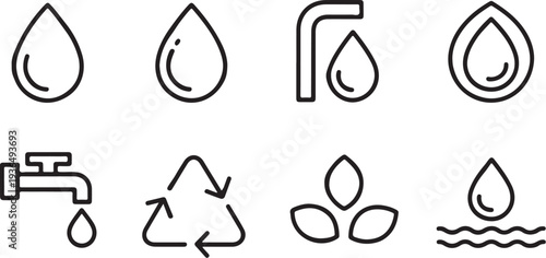 Environmental water management icon collection including tap shapes recycle symbols and organic leaf elements suitable for sustainable energy plumbing and ecological conservation design