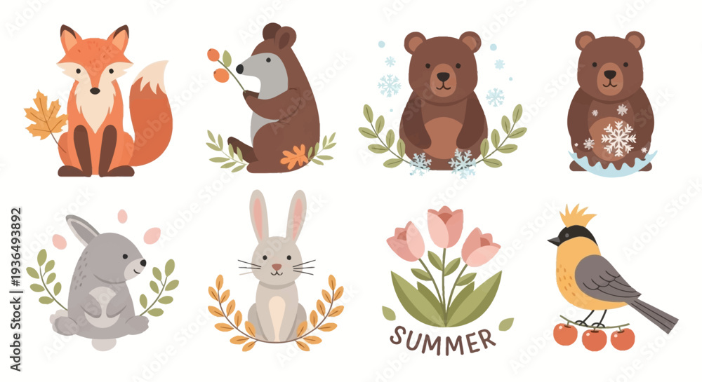 Fototapeta premium Set of cute cartoon forest animals fox bear rabbit bird and more for design