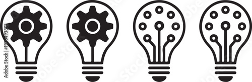 Creative lightbulb designs featuring mechanical gears and integrated circuits symbolizing innovative thinking and technological advancements for problem solving solutions