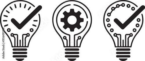 Validated lightbulb concepts featuring circuit patterns and integrated gears, representing certified innovation, completed projects, and successful solutions in technology development