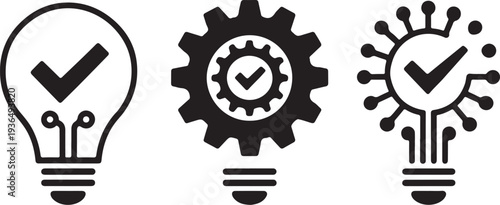 Approved lightbulb designs with circuit board elements and mechanical gears signifying verified innovation completion and successful technological and industrial project solutions