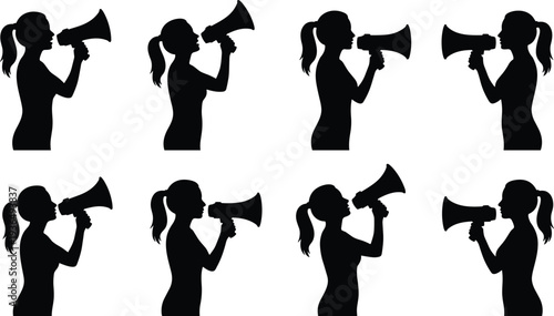 Silhouette woman shouting megaphone, protest communication, advocacy speaker, public announcement, activism design, campaign rally, social movement, voice expression illustration