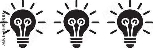 Three simple black icons of a glowing light bulb symbolizing idea innovation and creativity on a transparent background for conceptual design and art