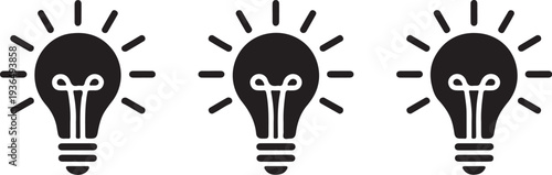 Set of minimalist light bulb icons showing simple filament design representing bright ideas innovation creativity and logical thinking in flat black style isolated on transparent background