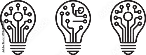 Linear light bulb icons with complex circuit board paths depicting artificial intelligence smart solutions and technological evolution in clean black outline style for modern web designs