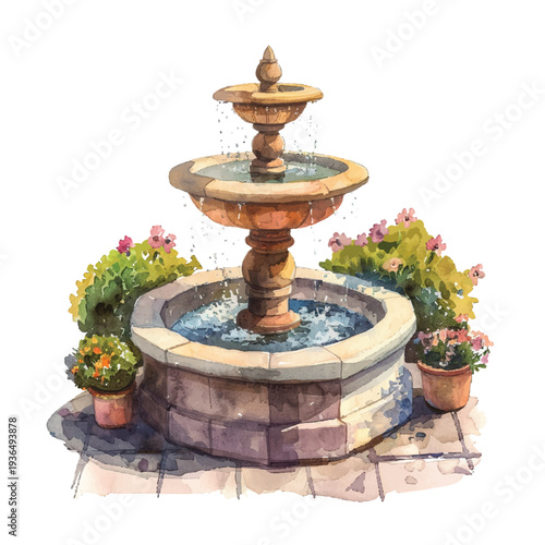 courtyard fountain hand drawn vector illustration