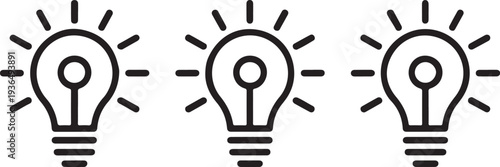 Set of three glowing lightbulb icons with radiating light rays depicting concepts of bright ideas, inspiration, creativity, and innovative solutions
