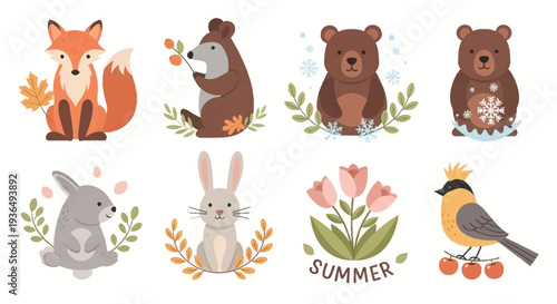 Set of cute cartoon forest animals fox bear rabbit bird and more for design