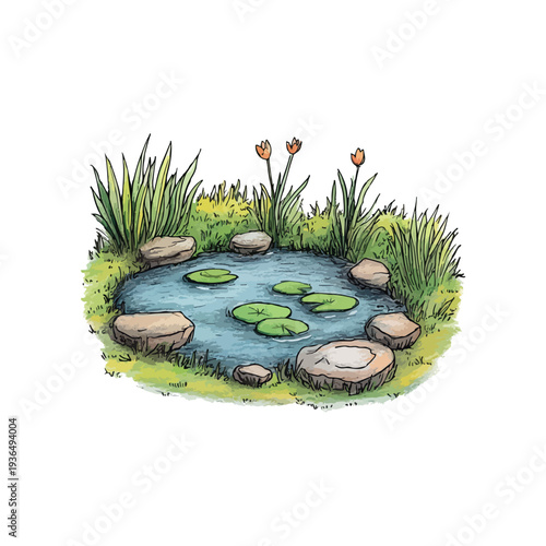 serene pond hand drawn vector illustration