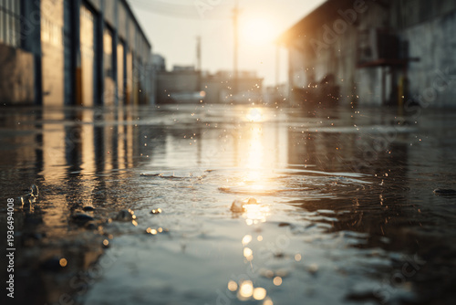 A flooded urban street reflects the golden light of the setting sun