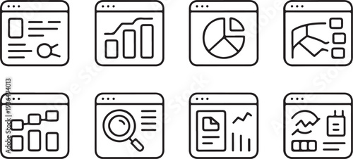 Set of modern flat line icons for data analysis and presentation including charts graphs pie chart and magnifying glass on transparent background vector