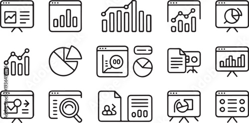 Fifteen unique line art icons representing business concepts financial data analysis charts and graphs on transparent background vector illustration