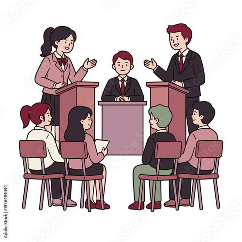 Business people discuss and debate at a meeting with podiums