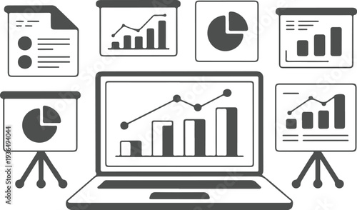 Business analytics and financial tracking vector illustrations collection including laptop display with bar graphs pie charts on presentation stands documents showing data insights