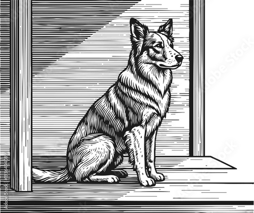 Loyal dog sitting patiently at the doorstep, detailed black and white woodcut illustration