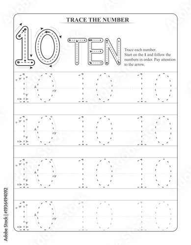 Number 10 Tracing Worksheet for Kids