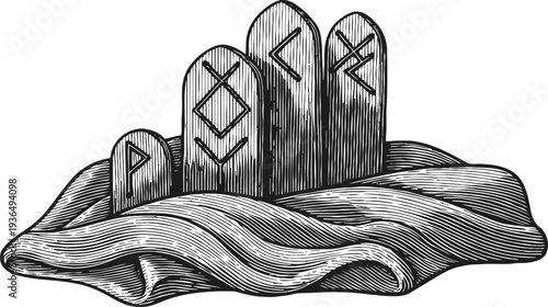 Four ancient runes carved in wooden tablets resting on draped fabric, mystical and historical symbols