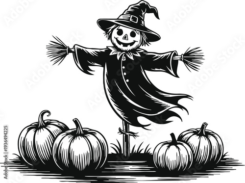 Friendly halloween scarecrow with witch hat standing among pumpkins in autumn field