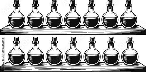 two wooden shelves with glass bottles filled with dark liquid and sealed with cork stoppers, vintage illustration