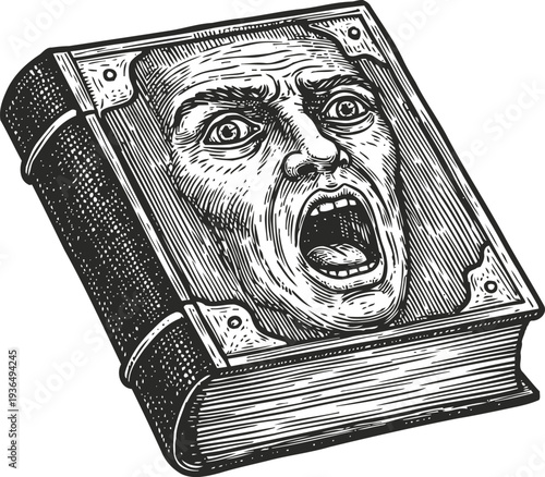 haunted book with screaming face on cover vintage horror illustration, spooky magic grimoire, cursed spellbook concept