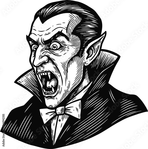 Angry vampire with fangs showing and sharp ears wearing cape and bow tie gothic character illustration