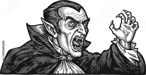 Hand drawn vampire character with fangs and cape snarling in classic horror illustration