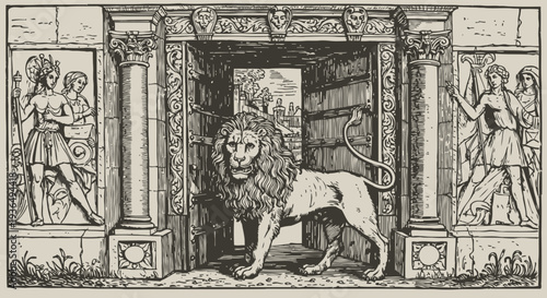 Ancient lion standing at ornate gate with classical architectural reliefs and sculptural details