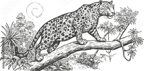 Leopard walking on tree branch in jungle surrounded by tropical plants detailed black and white illustration