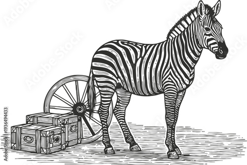 Illustration of a zebra standing next to wooden crates and a large wheel on a textured surface