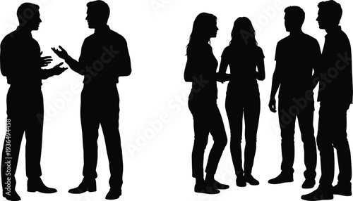 people talking silhouettes, group communication discussion teamwork social interaction friends conversation standing together illustration