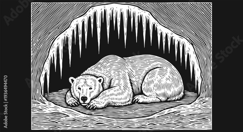 Polar bear resting inside icy cave arctic wildlife, winter habitat, snowy environment, animal hibernation scene in cold nature