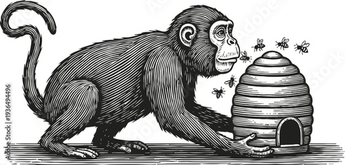 Illustration of a monkey curiously approaching a beehive with bees flying around