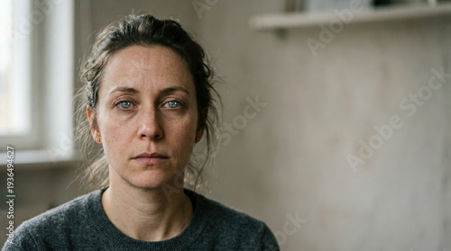 Woman looking directly at camera indoors