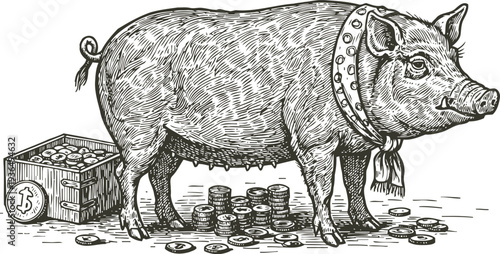 Classic piggy bank illustration with coins and wooden box, savings and financial concept