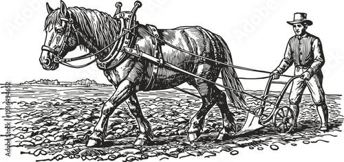 Vintage farmer plowing field with horse drawn plow in rural agricultural scene illustration