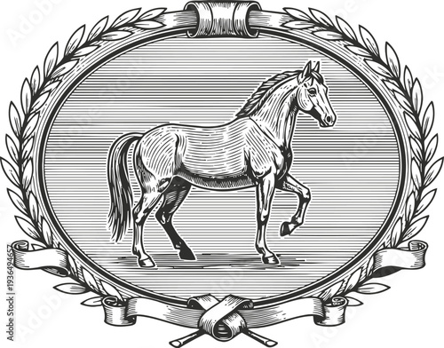 Engraving horse inside decorative oval frame with laurel leaves and ribbon banner illustration