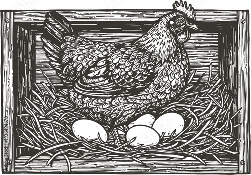 hen sitting on nest with eggs farm bird and poultry illustration in vintage woodcut