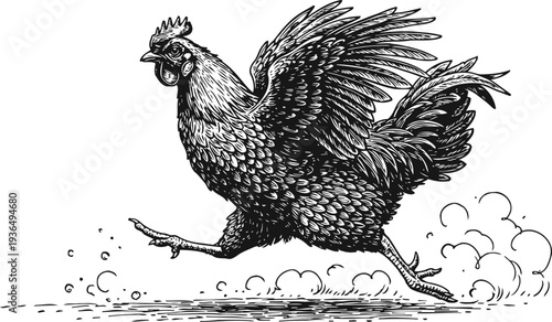 Black and white illustration of a running rooster with detailed feathers and dynamic motion