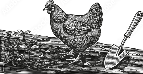 Black and white engraved illustration of a hen walking on soil near seedlings and a gardening trowel
