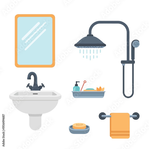 Bathroom accessories including sink, mirror, shower head, soap, and towel rack in a clean and modern bathroom setting