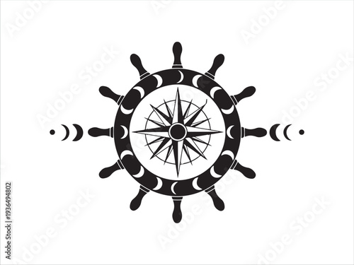 Black and white ship wheel compass with moon phases design illustration