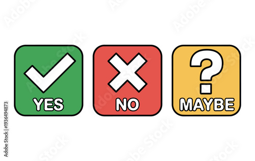 A graphic illustration of yes, no, and maybe buttons with checkmark, cross, and question mark symbols