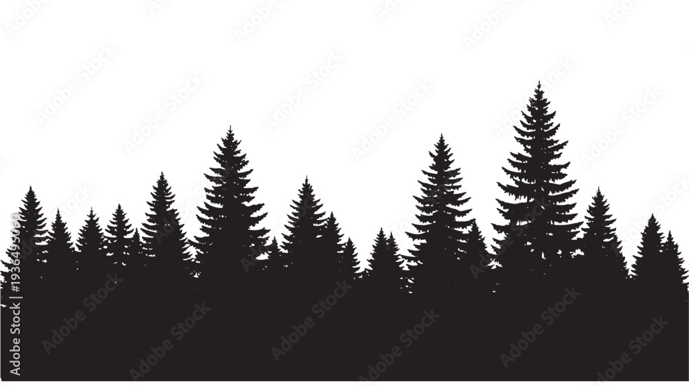 Obraz premium Silhouetted evergreen forest against a white background, showcasing a dense collection of pine trees in varied heights.