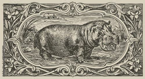 Vintage engraving of a hippopotamus in ornate floral frame with swamp background